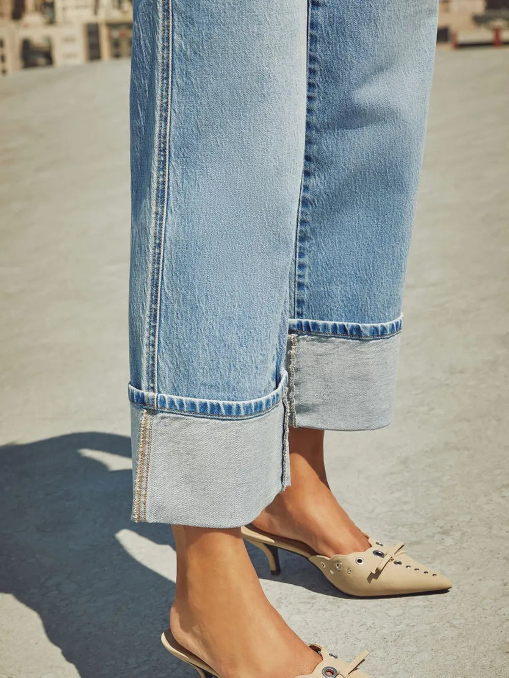 Trendsi high waisted straight leg rolled denim jeans shown on a model, featuring classic blue denim and casual fit.