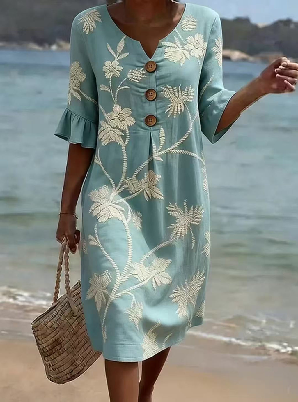 Women's FitiqueFit resort V-neck coconut print casual dress with loose fit and three-quarter sleeves, perfect for summer wear.