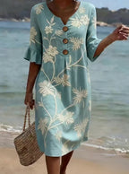 Women's FitiqueFit resort V-neck coconut print casual dress with loose fit and three-quarter sleeves, perfect for summer wear.