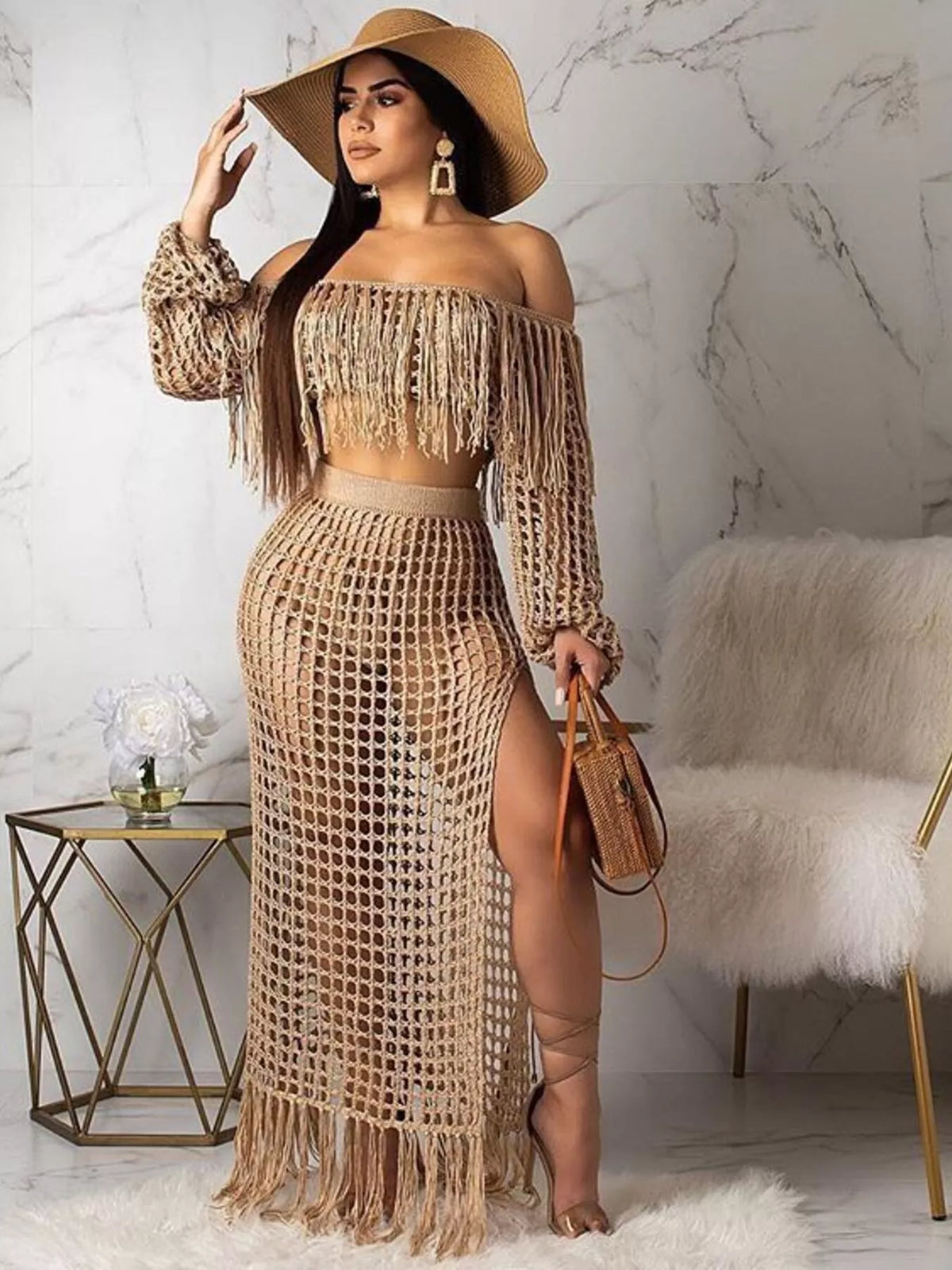 Plus size crochet off-shoulder fringe top and skirt set by Plush Fashion Hub, featuring a stylish matching set with detailed crochet design.