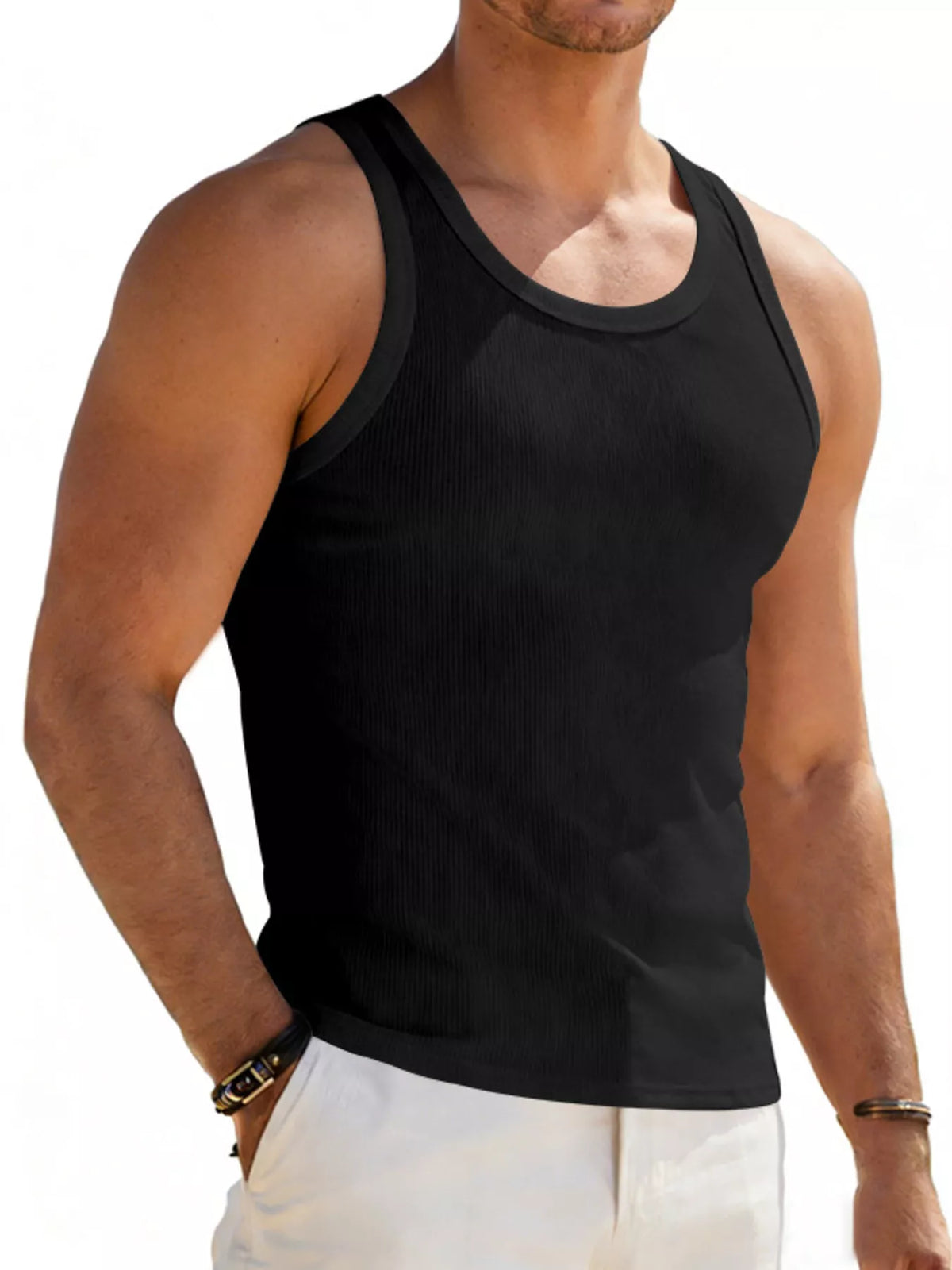 Plus size men's round neck tank top by Plush Fashion Hub, full-length view of sleeveless casual tank top.