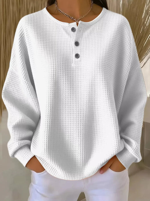 Plus size waffle knit top with button details, trendy long-sleeve blouse from Trendsi, casual and comfortable fashion.