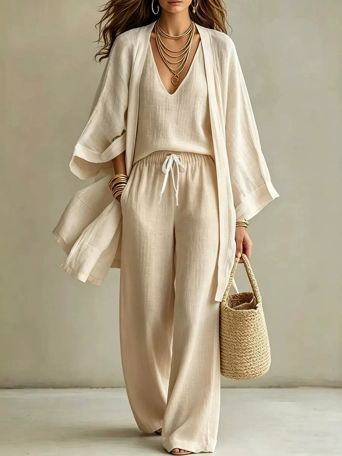 Plus size V-neck tank cardigan and pants loungewear set by Trendsi, featuring a comfortable, coordinated matching top and bottoms.