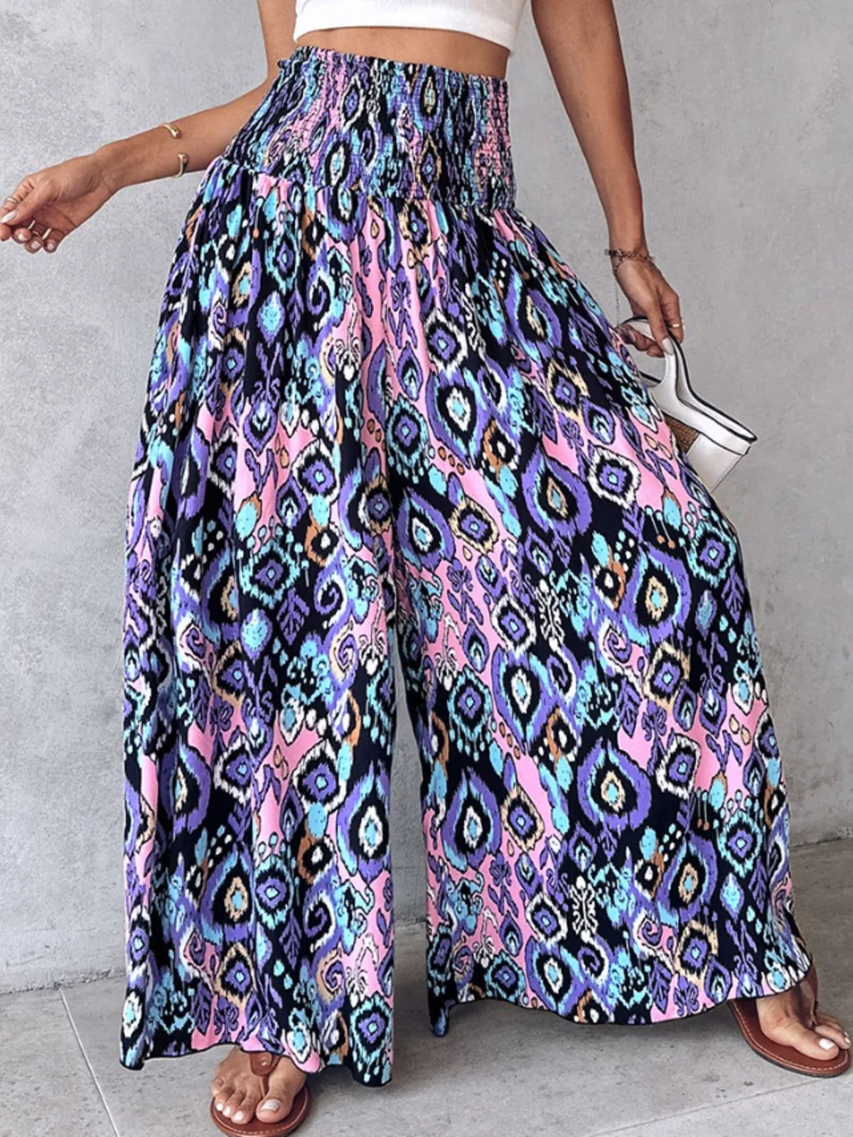 Printed wide-leg pants from Plush Fashion Hub with a stylish, flowy design and colorful print, perfect for casual or chic outfits.