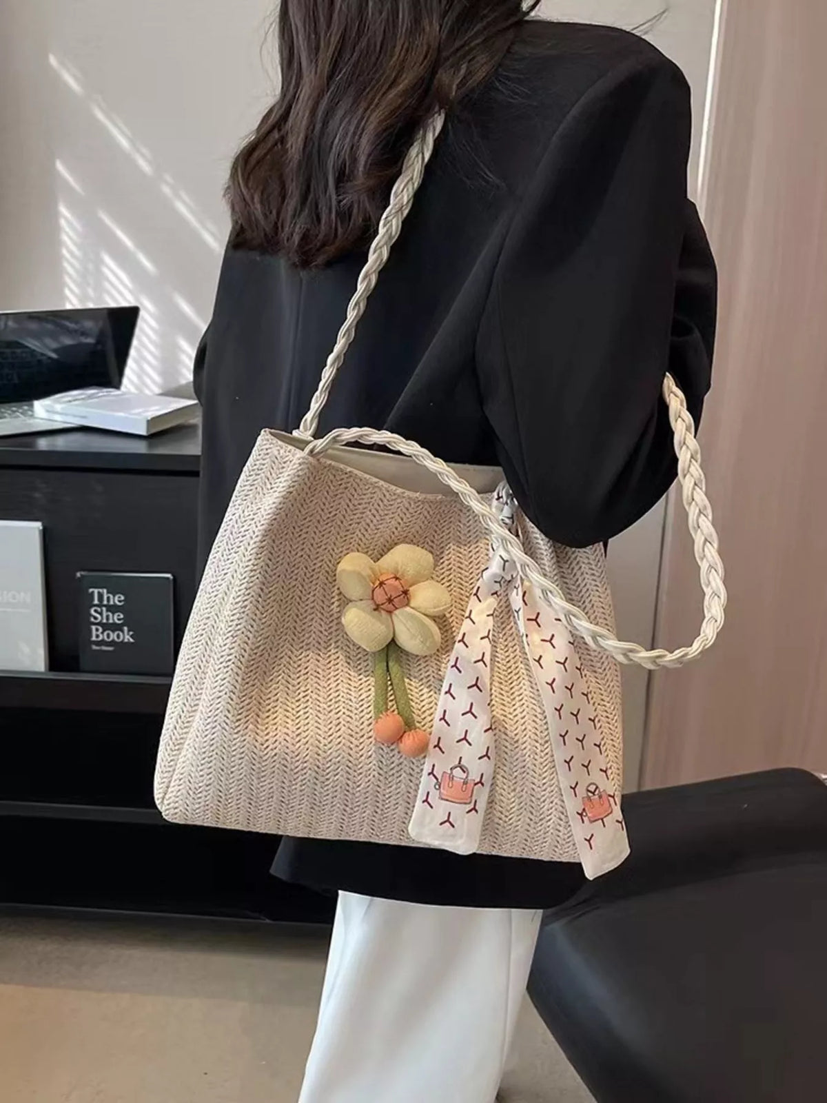 Woven straw tote bag with floral decor, beige and brown tones, stylish bag for casual outings by Plush Fashion Hub