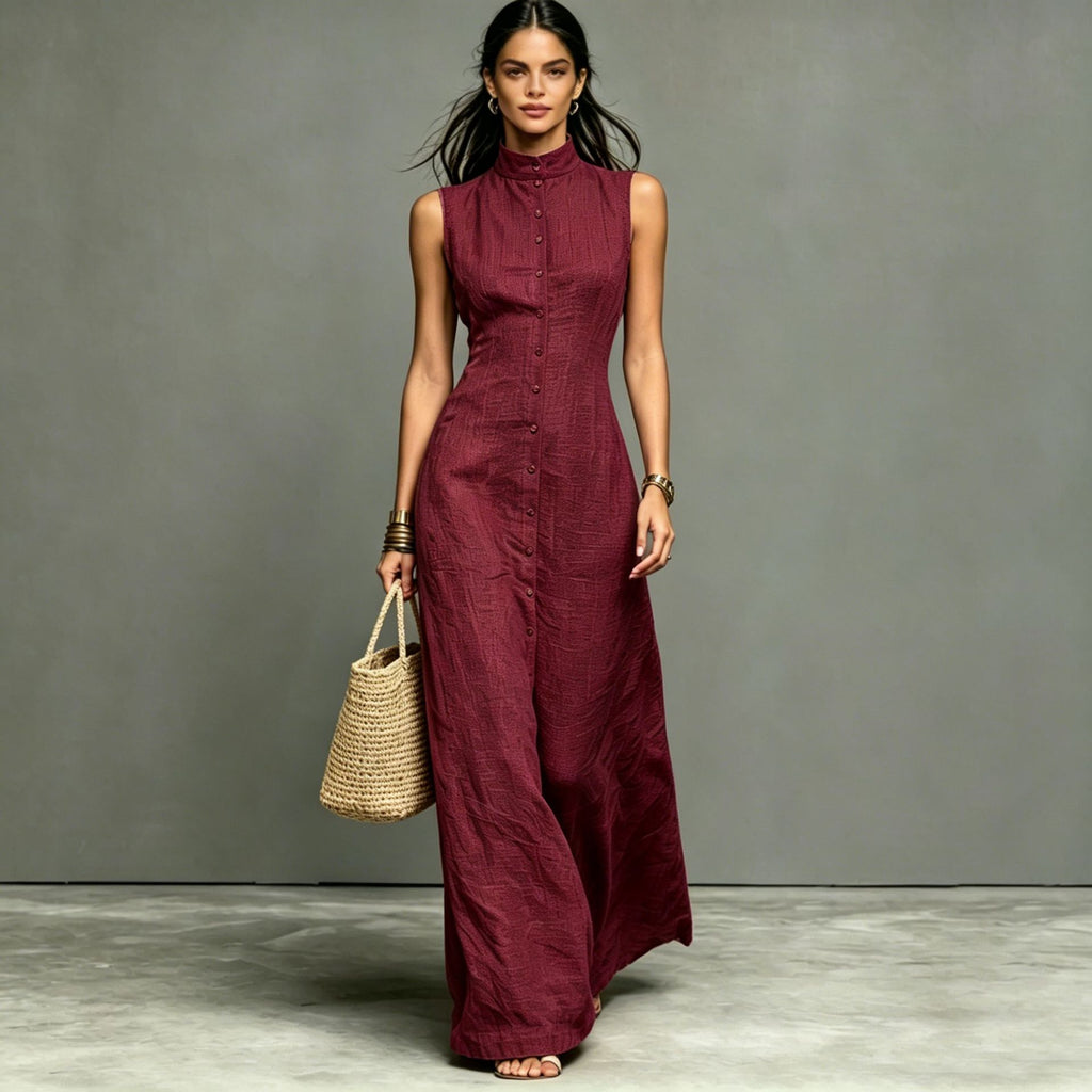 Women's sleeveless midi dress with stand collar and single-breasted design by FitiqueFit, ideal for casualwear.