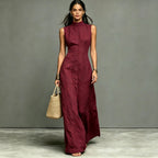 Women's sleeveless midi dress with stand collar and single-breasted design by FitiqueFit, ideal for casualwear.