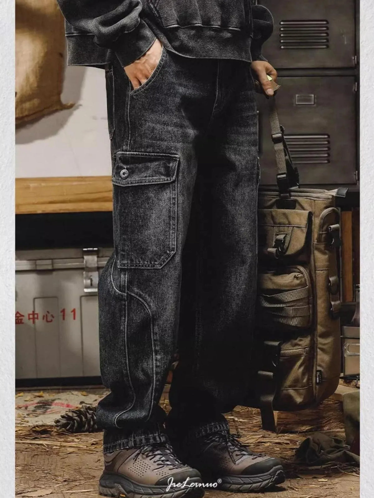Men's washed wide-leg cargo jeans by Plush Fashion Hub, showing relaxed fit, rugged fabric, and multiple cargo pockets.