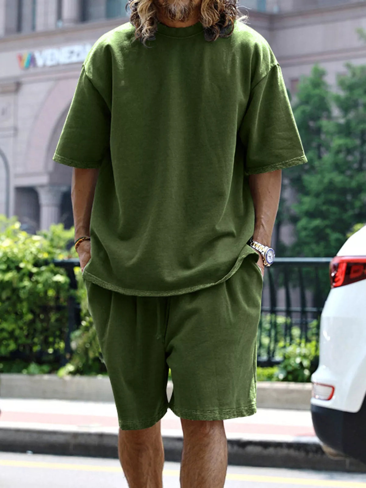 Men's plus size relaxed fit t-shirt and shorts set by Plush Fashion Hub, casual tops and shorts for comfortable summer wear.