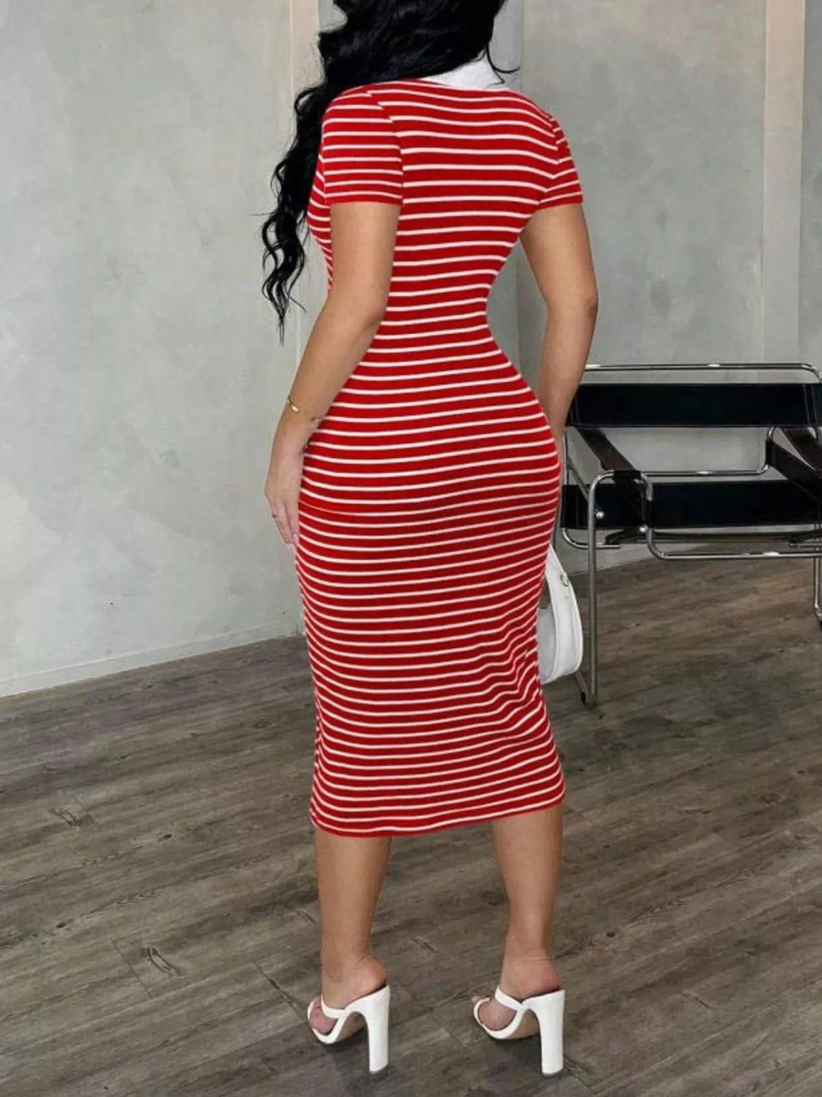 Striped polo collar midi dress from Plush Fashion Hub featuring a fitted silhouette and stylish design.