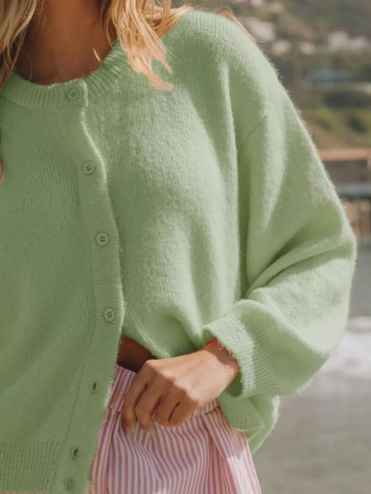 Simply Love button-down knit cardigan with long sleeves and a cozy texture, suitable for casual or layered outfits.
