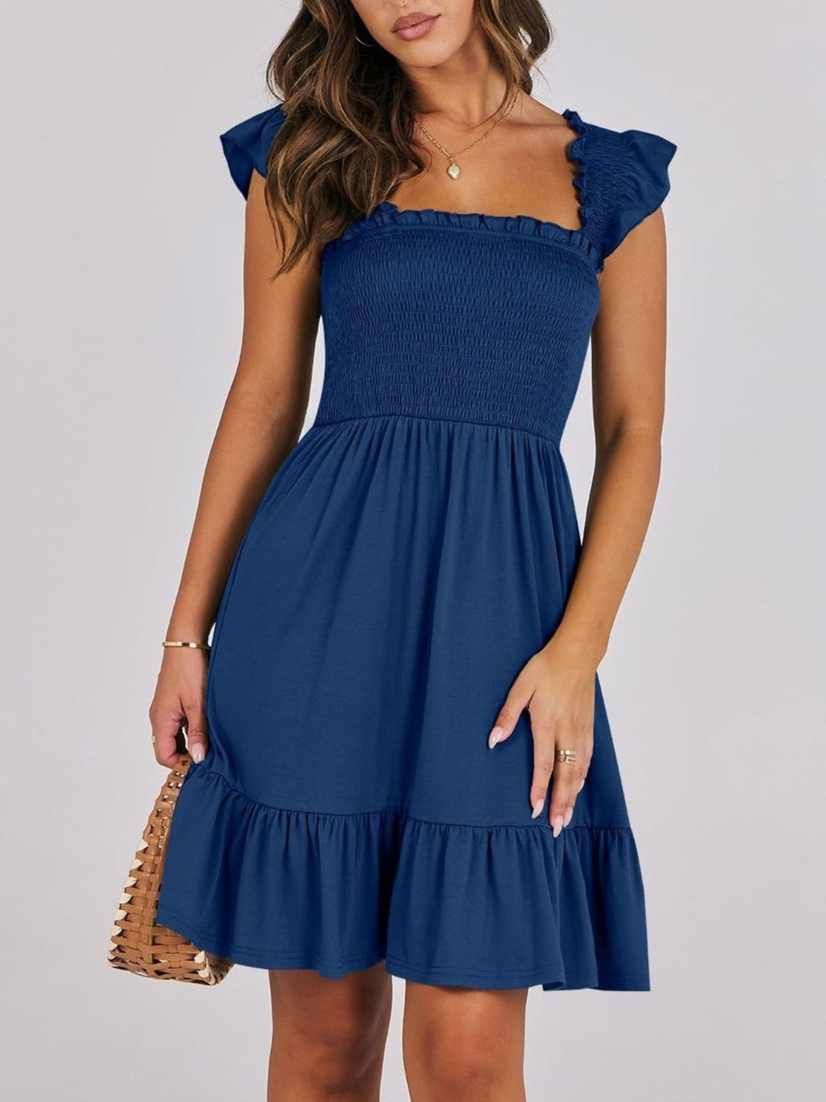 Women's lightweight summer dress with smocked bodice and ruffle hem, casual mini dress in soft fabric by Plush Fashion Hub
