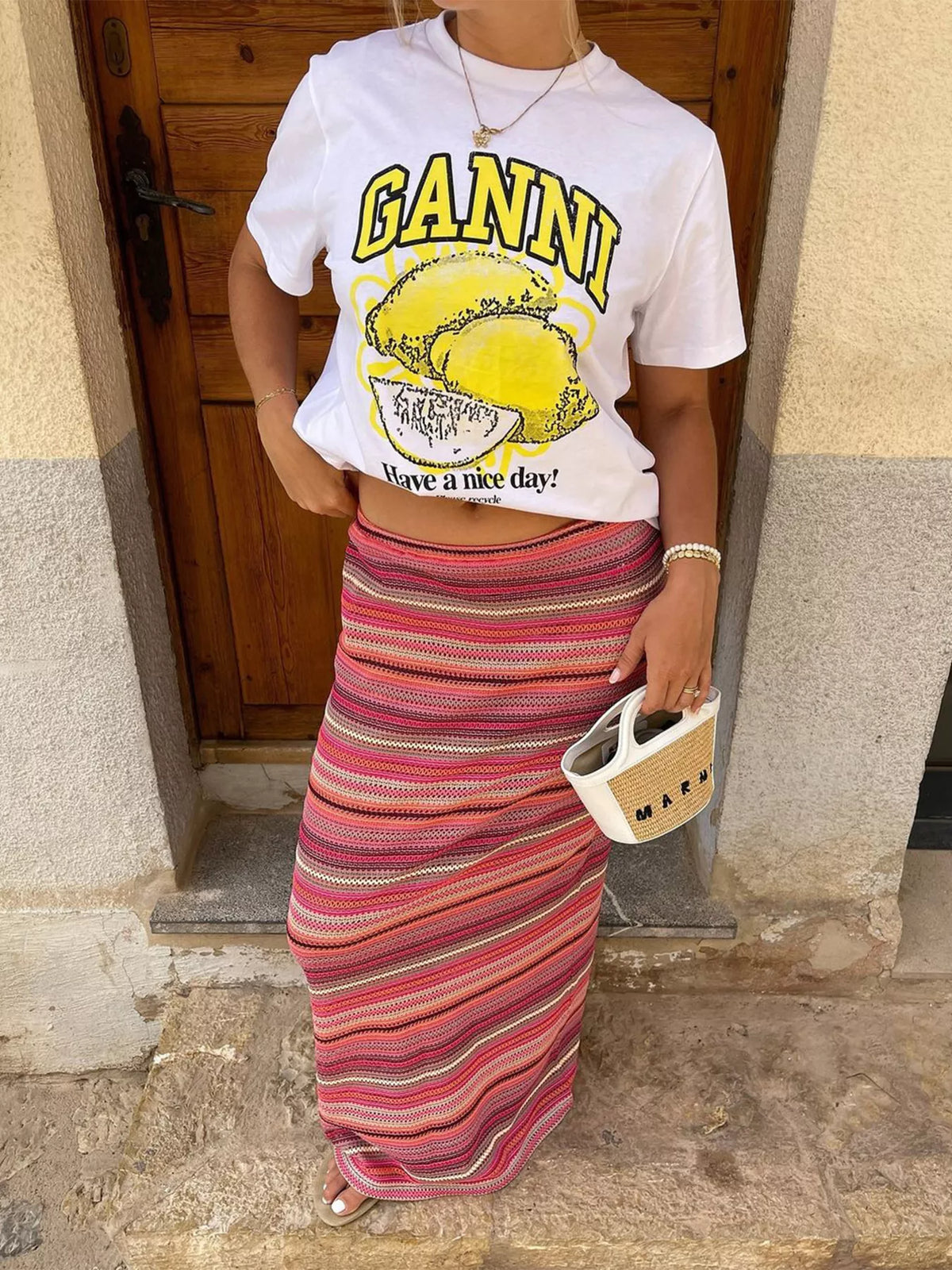 Plush Fashion Hub striped maxi skirt with a flowing design and bold horizontal stripes, perfect for casual or chic outfits.