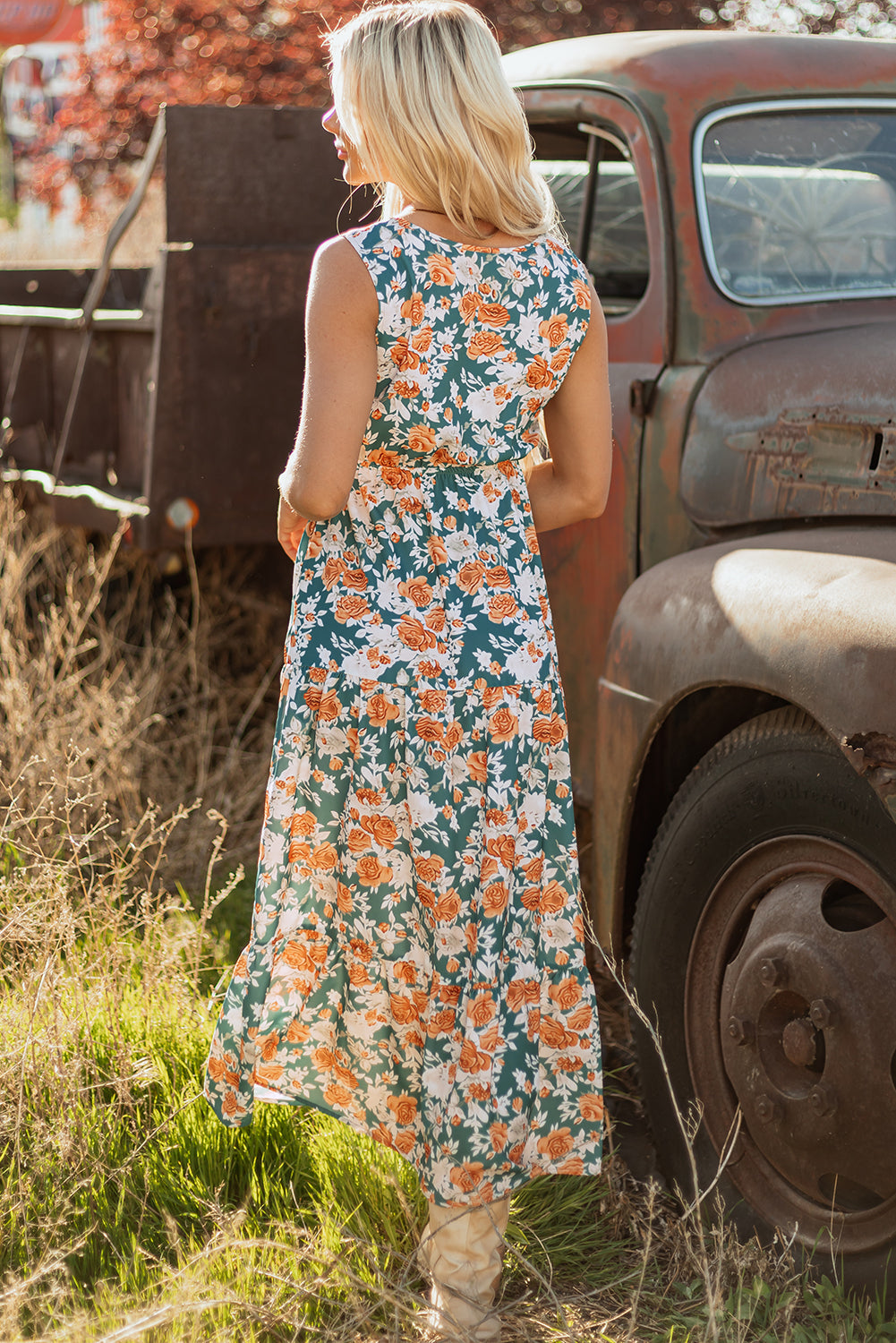 Kara Floral Tie Waist Sleeveless Holiday Long Dress-1