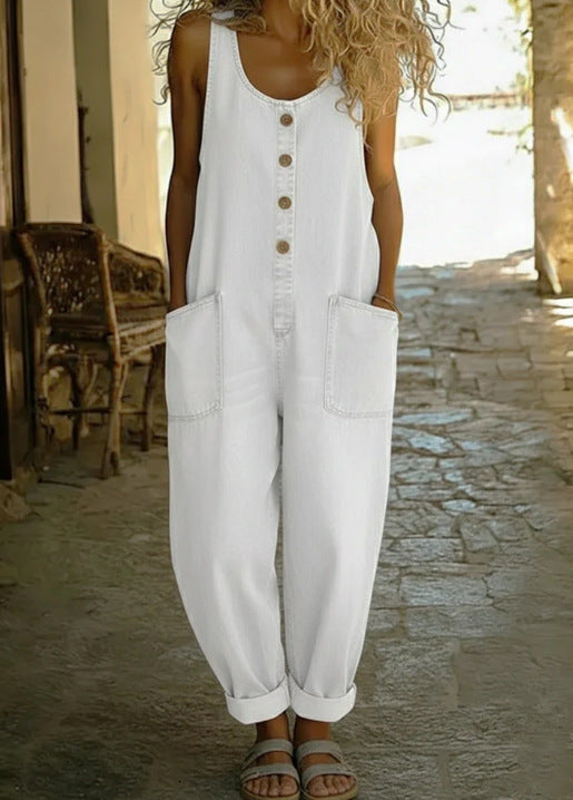 Retro buckle multi-pocket overalls jumpsuit with 3/4 sleeves from FitiqueFit, featuring a stylish and casual design.