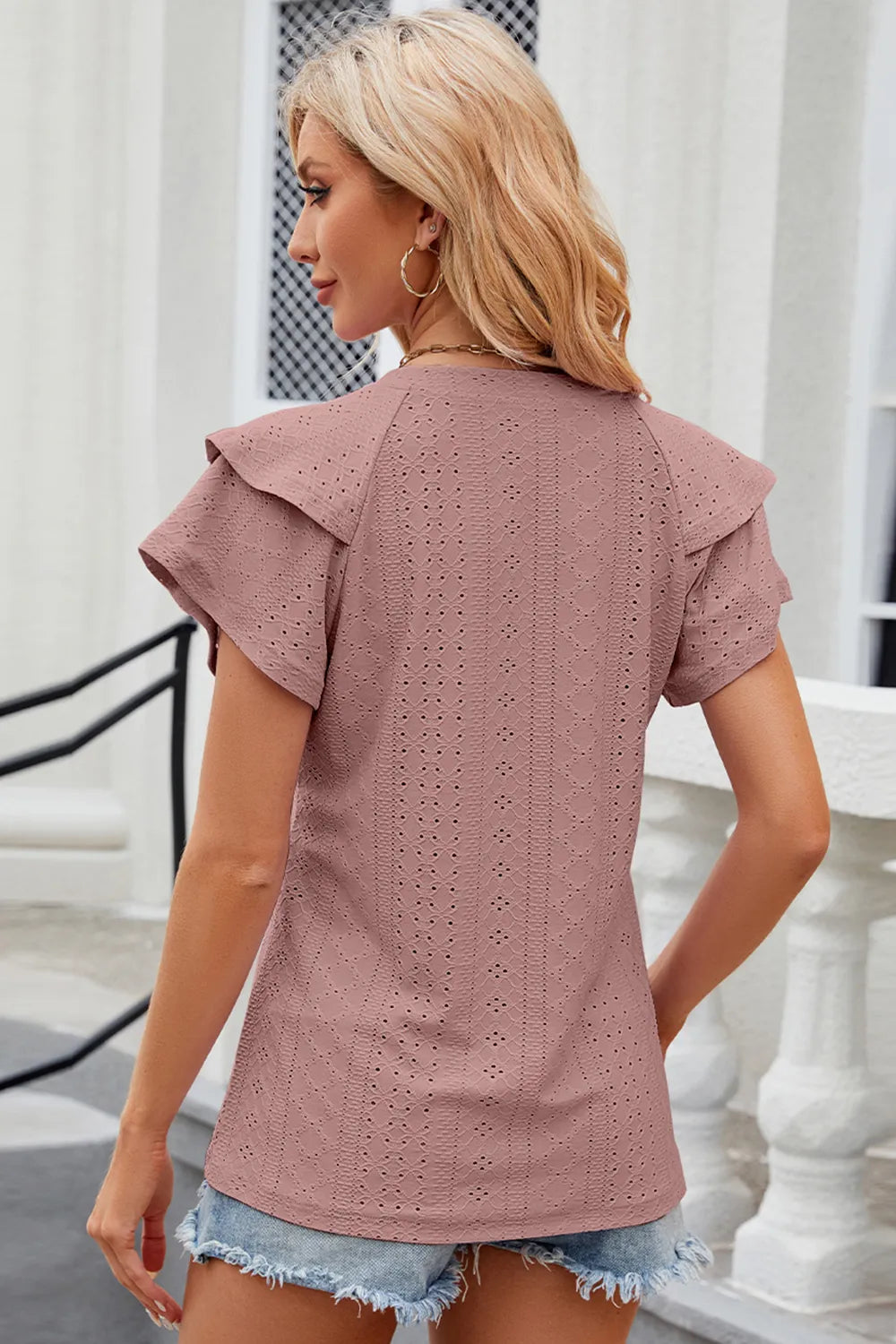 Plush Fashion Hub eyelet notched flutter sleeve T-shirt featuring stylish flutter sleeves and eyelet details, casual top for women.