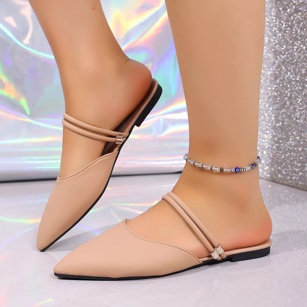 Plush Fashion Hub point toe flat sandals with plush straps, stylish and comfortable footwear for casual wear.