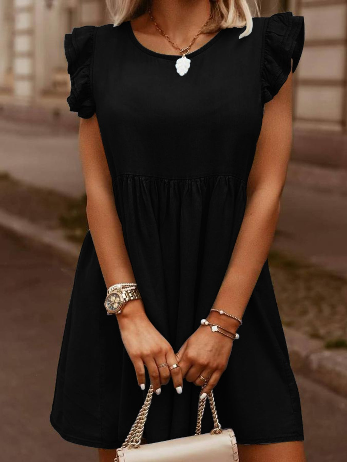 Full size ruffled round neck cap sleeve denim dress by Plush Fashion Hub, showing front view with ruffled neckline and casual fit.