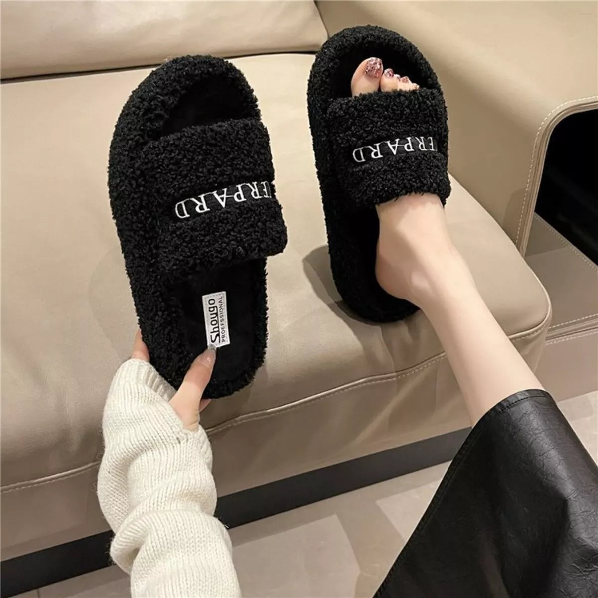 Simply Love fuzzy plush open toe slippers with soft, cozy material and open toe design for comfortable indoor wear