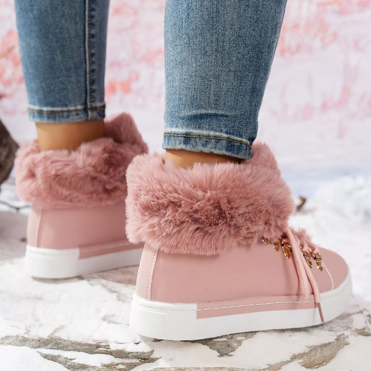 Simply Love fuzzy trim lace-up ankle boots with cozy fur accents and sturdy soles, perfect for stylish winter wear.