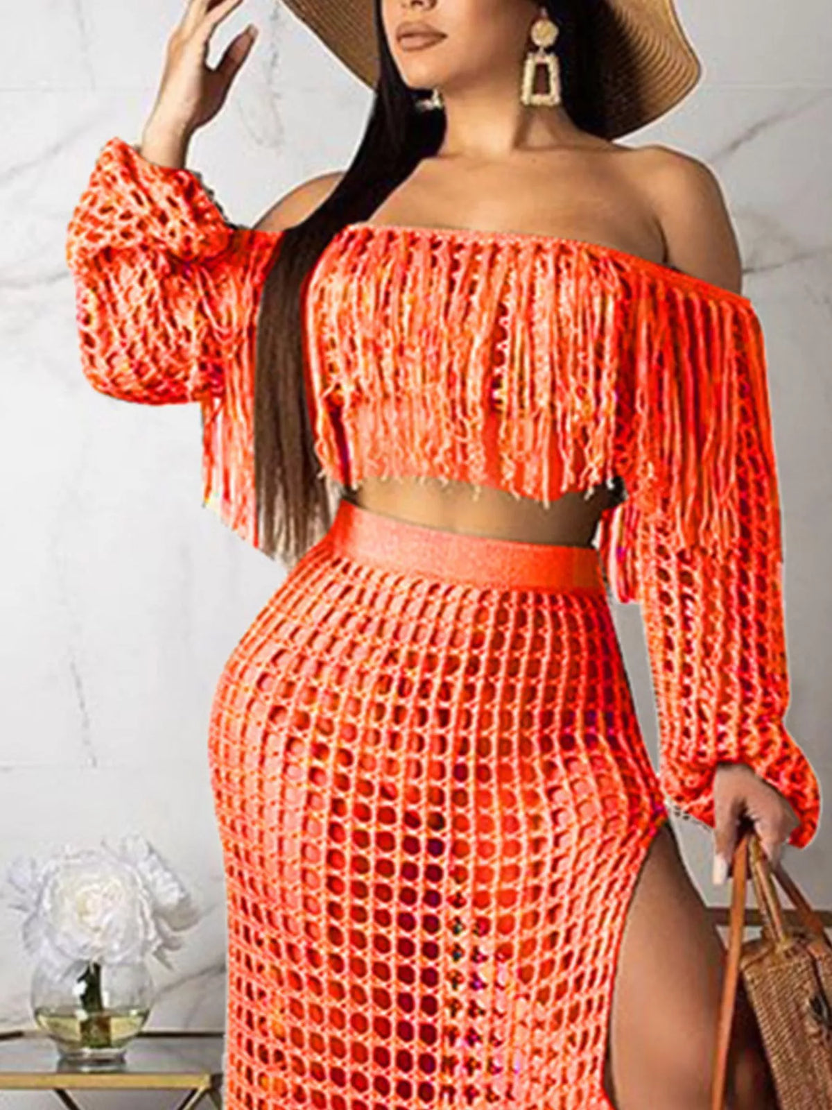 Plus size crochet off-shoulder fringe top and skirt set by Plush Fashion Hub, featuring a matching set with detailed crochet and fringe accents.