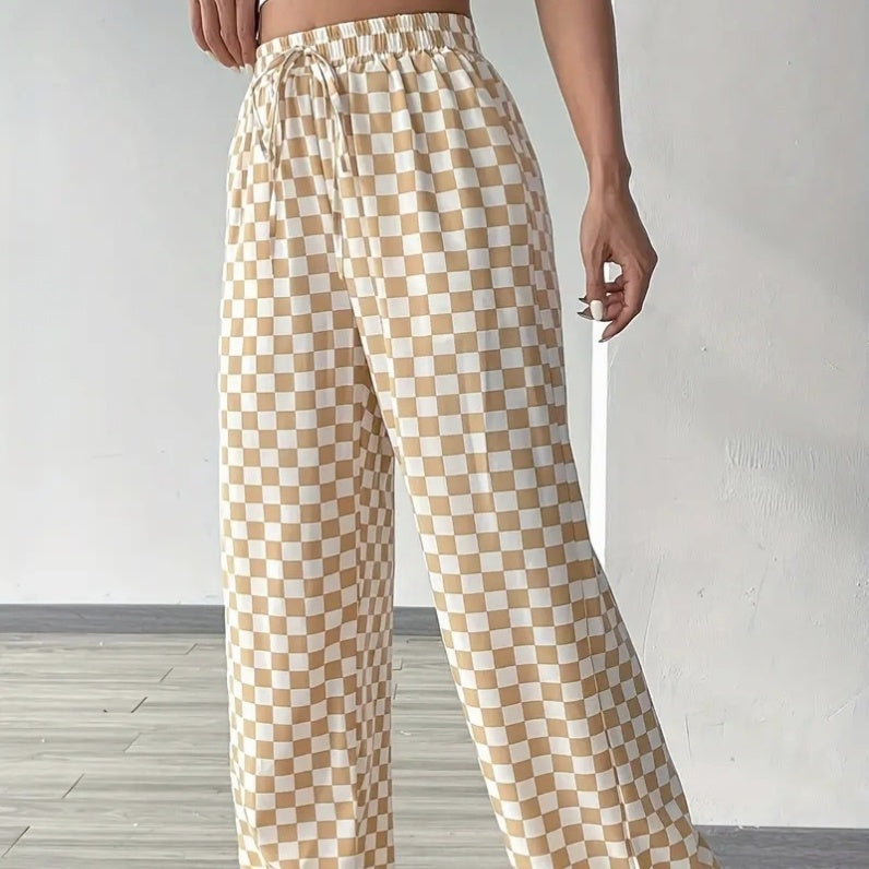Checkerboard high-waisted wide-leg pants by Plush Fashion Hub in four colors, shown with a relaxed fit and bold pattern.