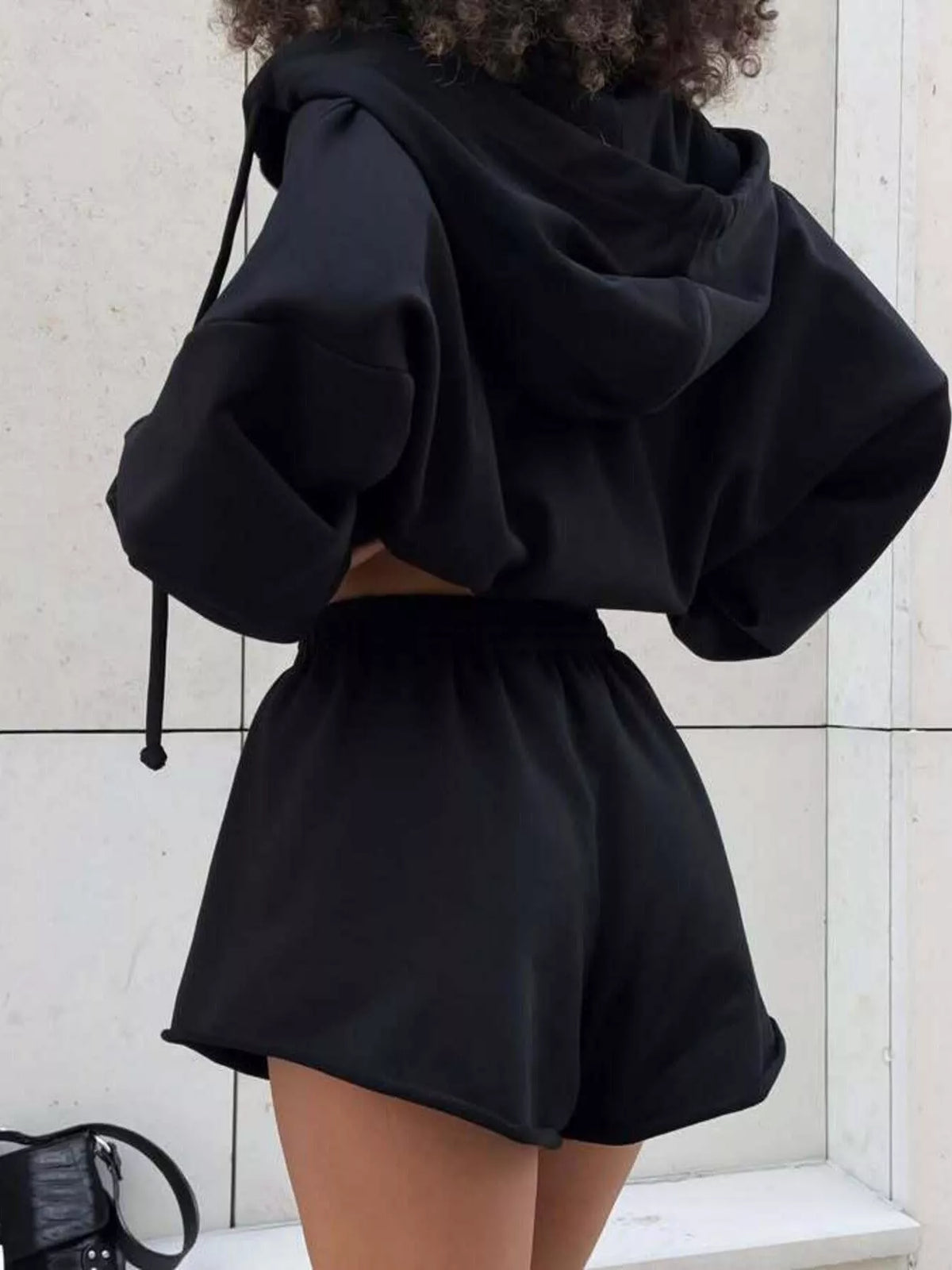 Plush Fashion Hub zip-up long sleeve outerwear and matching shorts set, casual athletic wear, front view.