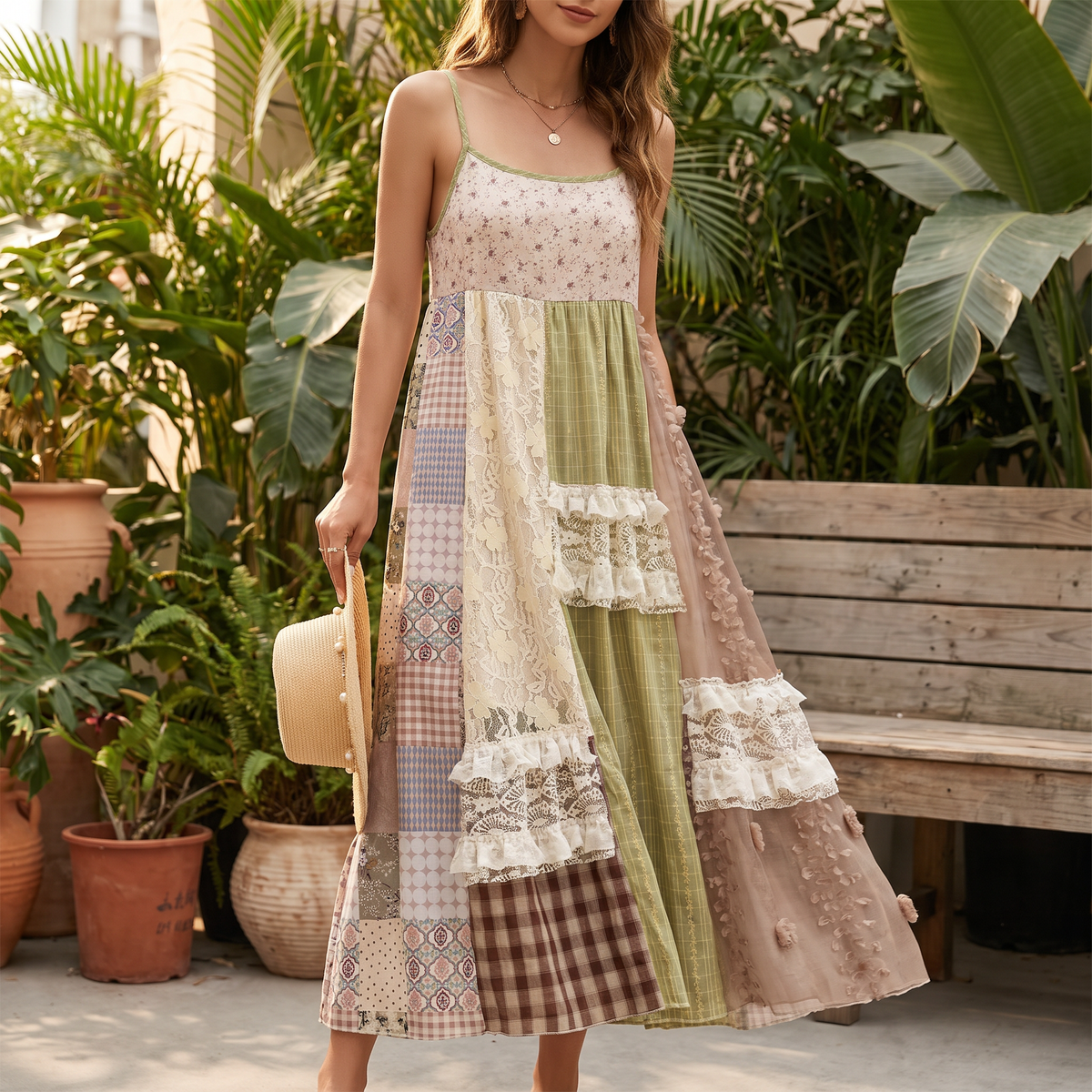 Boho Patchwork Lace Trimmed A-Line Tiered Dress