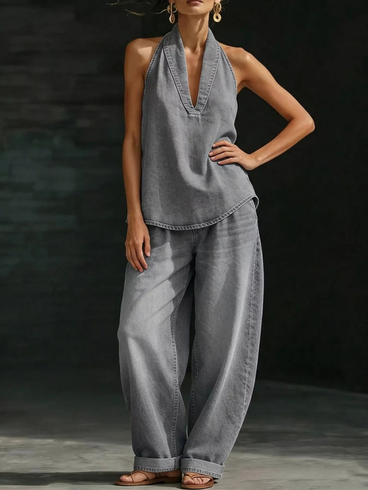 Plus size women's halter neck top and wide-leg pants two-piece set by Plush Fashion Hub, featuring a stylish dress design.