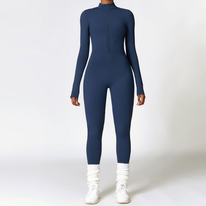 Warm zipper long-sleeved jumpsuit for yoga and fitness, breathable bodysuit for women.