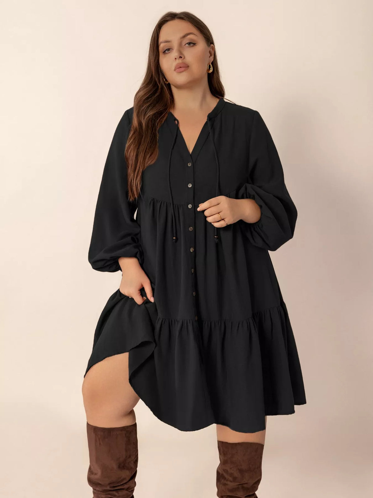 Plus size balloon sleeve dress with button front from Plush Fashion Hub, featuring a stylish fit and comfortable design.