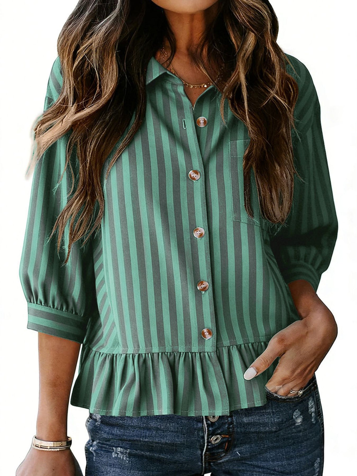 Women’s striped button-down blouse by Plush Fashion Hub, lightweight viscose fabric with ruffled hem and classic collar detail.