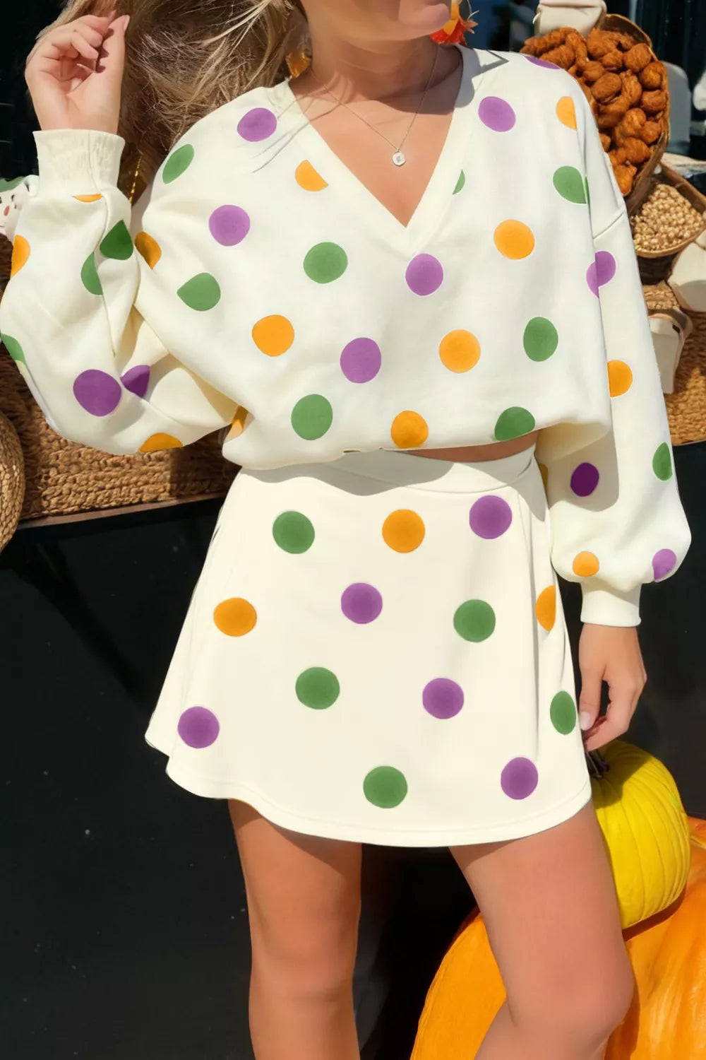 Polka dot V-neck top and skirt matching set from Plush Fashion Hub, featuring a stylish and coordinated look.