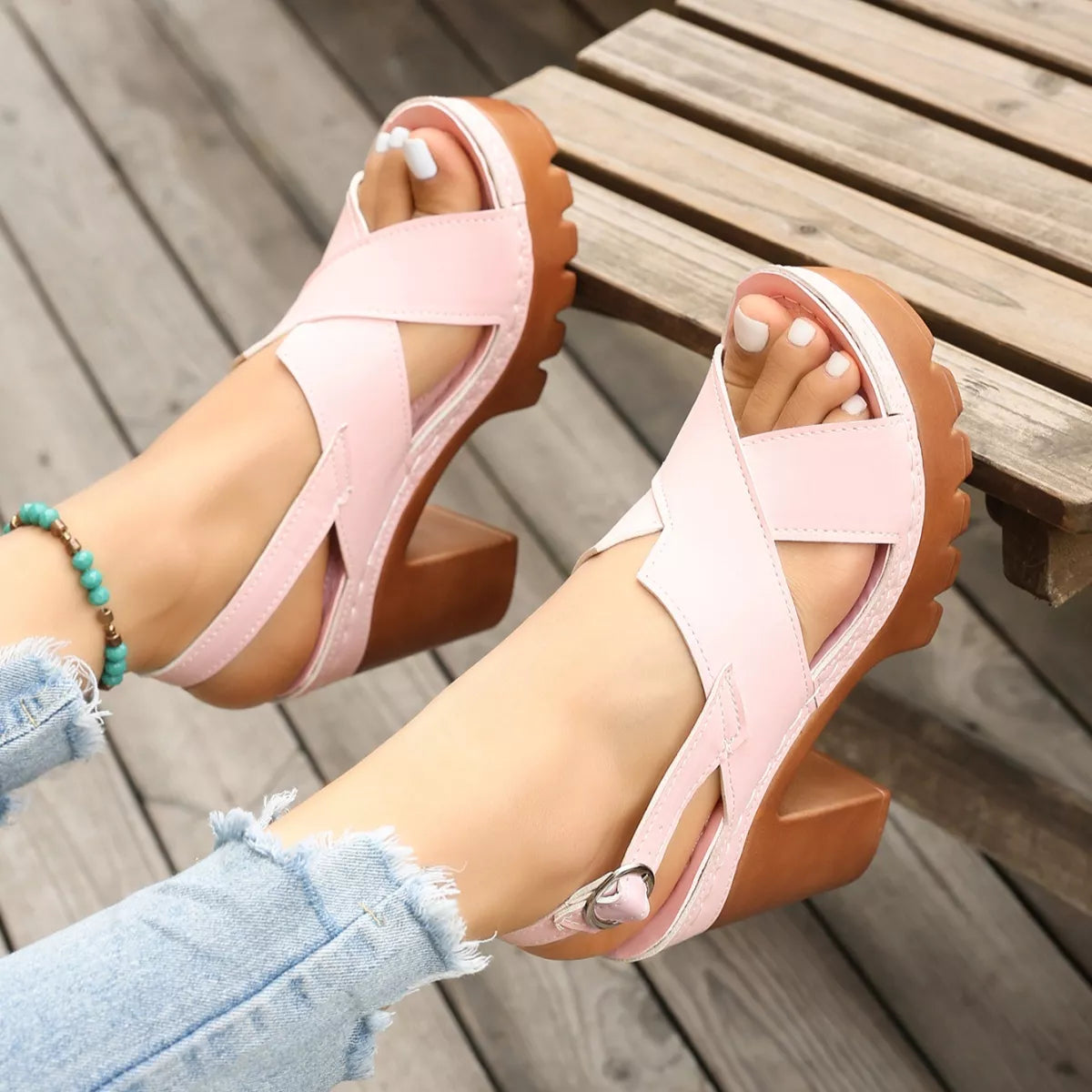 Plush Fashion Hub open toe block heel sandals with stylish straps, perfect for summer or casual occasions.