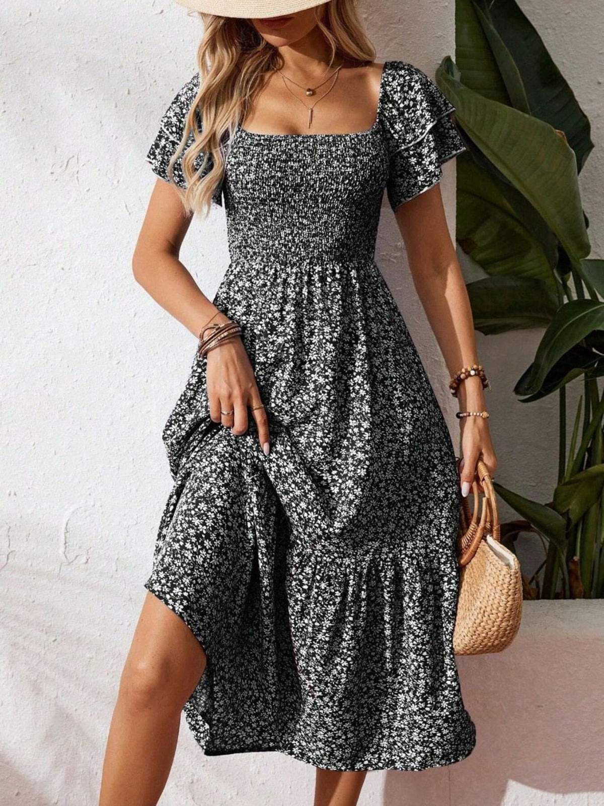 Floral print smocked ruffle sleeve midi dress by Plush Fashion Hub, lightweight summer dress with feminine ruffle details and floral pattern.