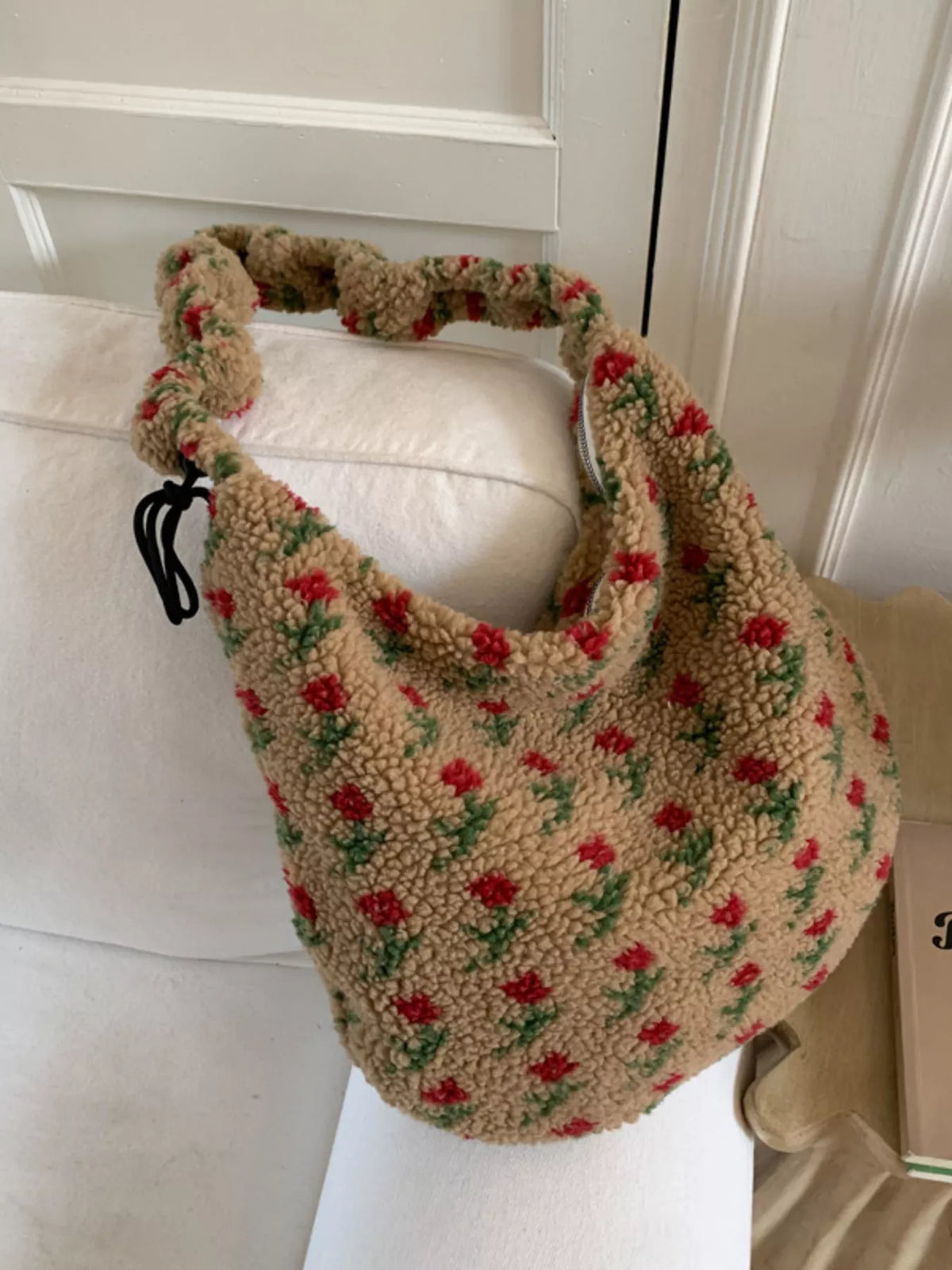 Plush Sherpa Ruched Strap Handbag with soft, cozy fabric and ruched strap detail, stylish bag by Plush Fashion Hub