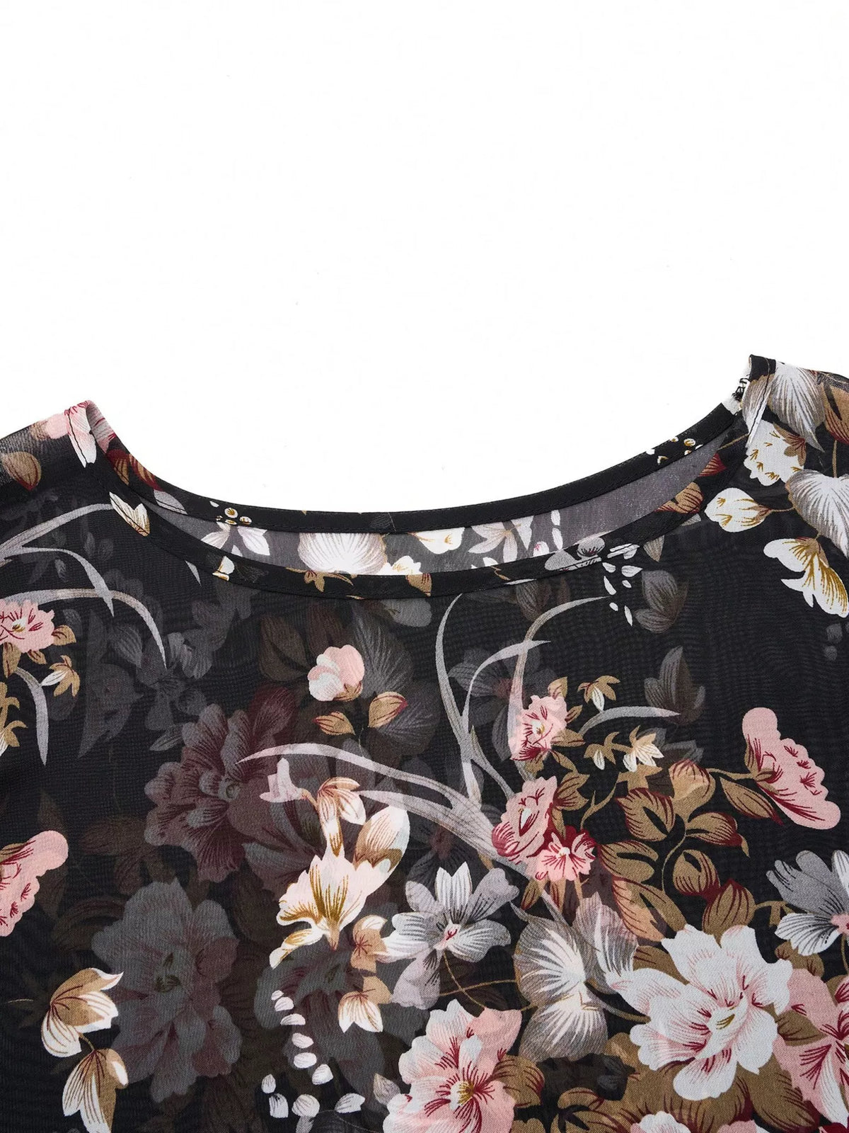 Sheer floral print round neck blouse by Plush Fashion Hub, featuring lightweight fabric and delicate floral pattern.