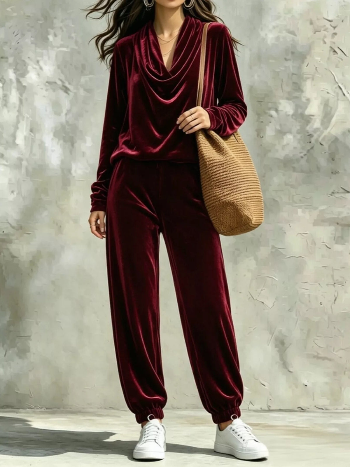 Women's cowl neck top and joggers set by Trendsi, featuring a cozy, stylish matching outfit with soft fabric and relaxed fit.