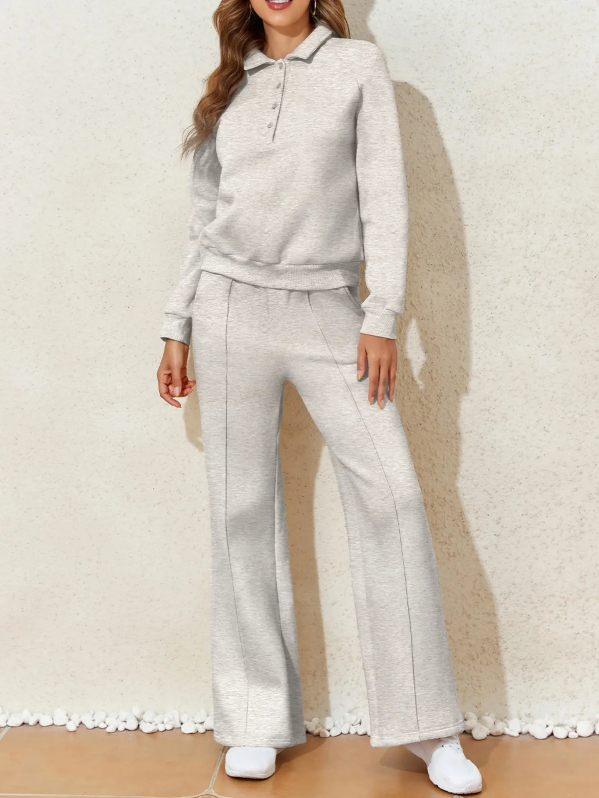 Plush Fashion Hub activewear set with a collared sweatshirt and high waist pants, styled for casual or workout wear.