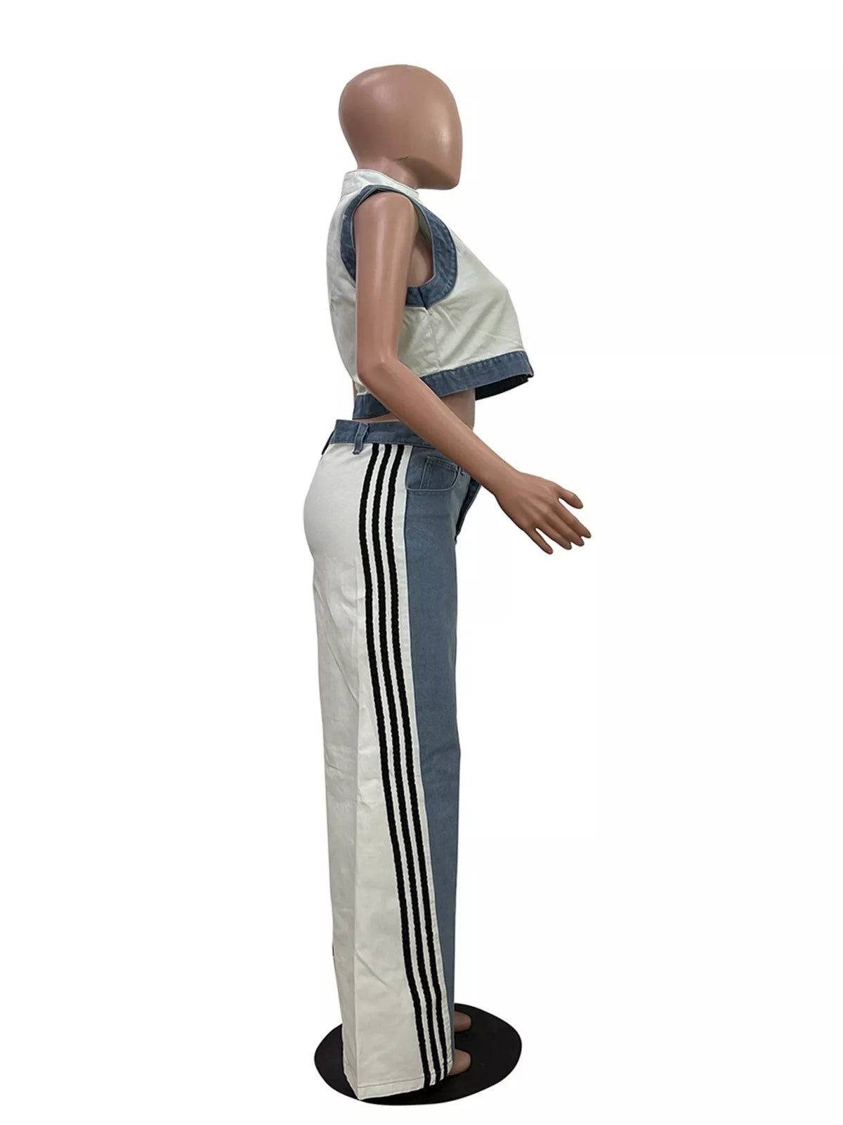 Plush Fashion Hub zip front crop top and striped pants set, stylish two-piece outfit, with matching crop top and high-waisted pants.