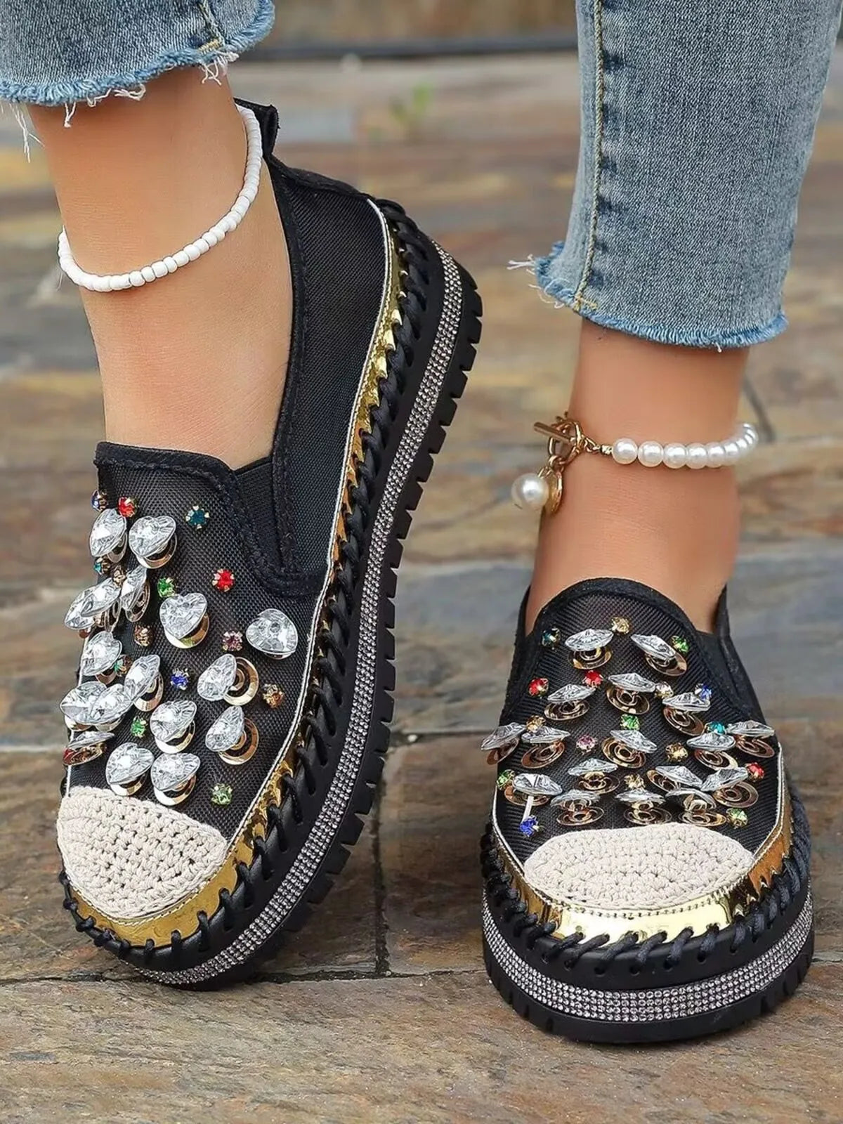 Rhinestone decor platform loafers from Trendsi showing black footwear with sparkling rhinestone embellishments and chunky soles.