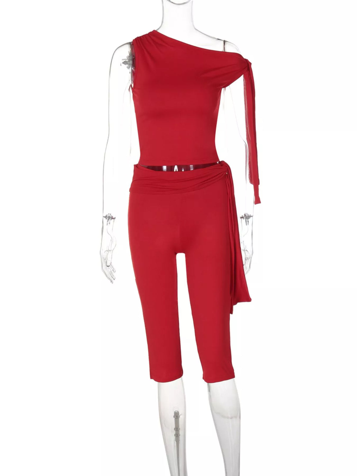 Asymmetrical one-shoulder top and matching capris set from Plush Fashion Hub, featuring stylish design and comfortable fit.