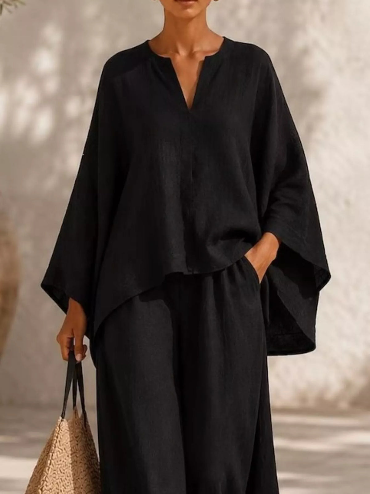 Plus size loungewear set with full notched long sleeve top and wide-leg pants from Plush Fashion Hub, shown on a model.