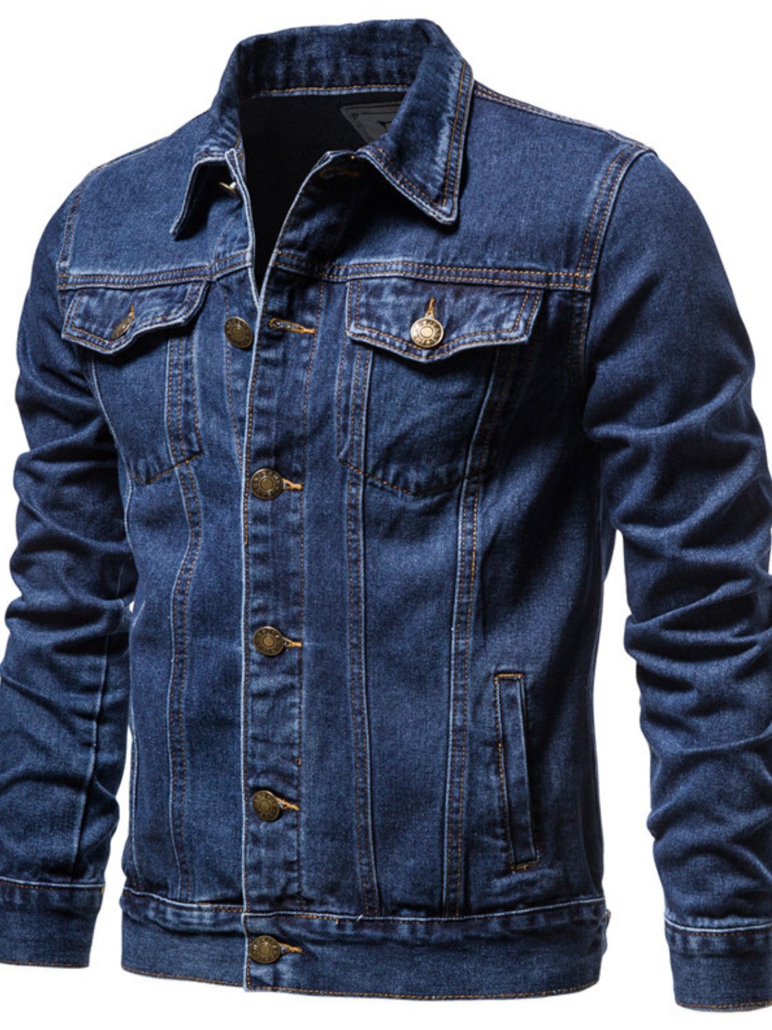 Men's long sleeve denim jacket with button-down front from Plush Fashion Hub, featuring classic blue denim and chest pockets.