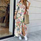 Women's floral print midi shirt dress with lapel collar in relaxed fit, from Plush Fashion Hub.