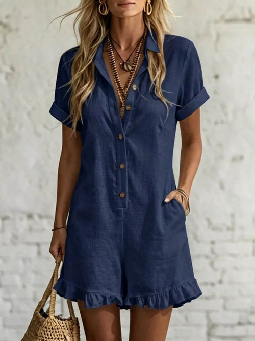 Plus size button-front ruffled hem romper in casualwear style, featuring a full size fit and trendy design from Trendsi.