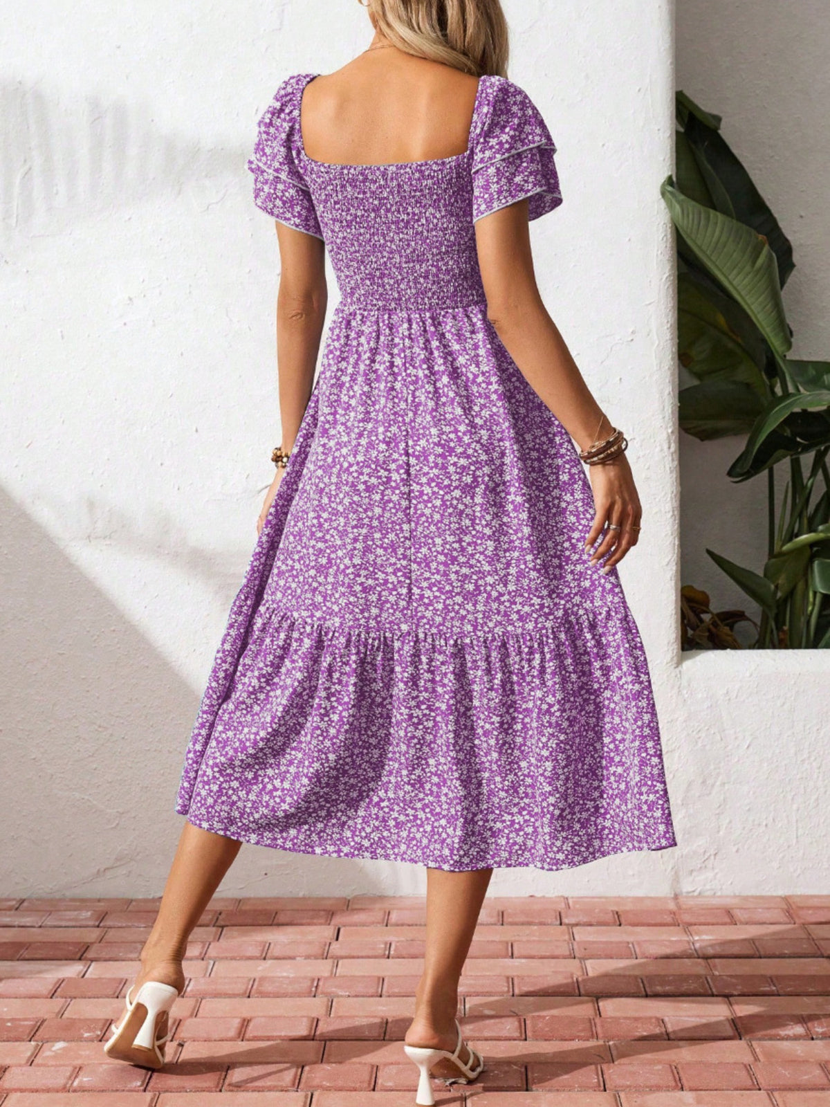 Floral print smocked ruffle sleeve midi dress by Plush Fashion Hub, lightweight summer dress with feminine details and floral design.