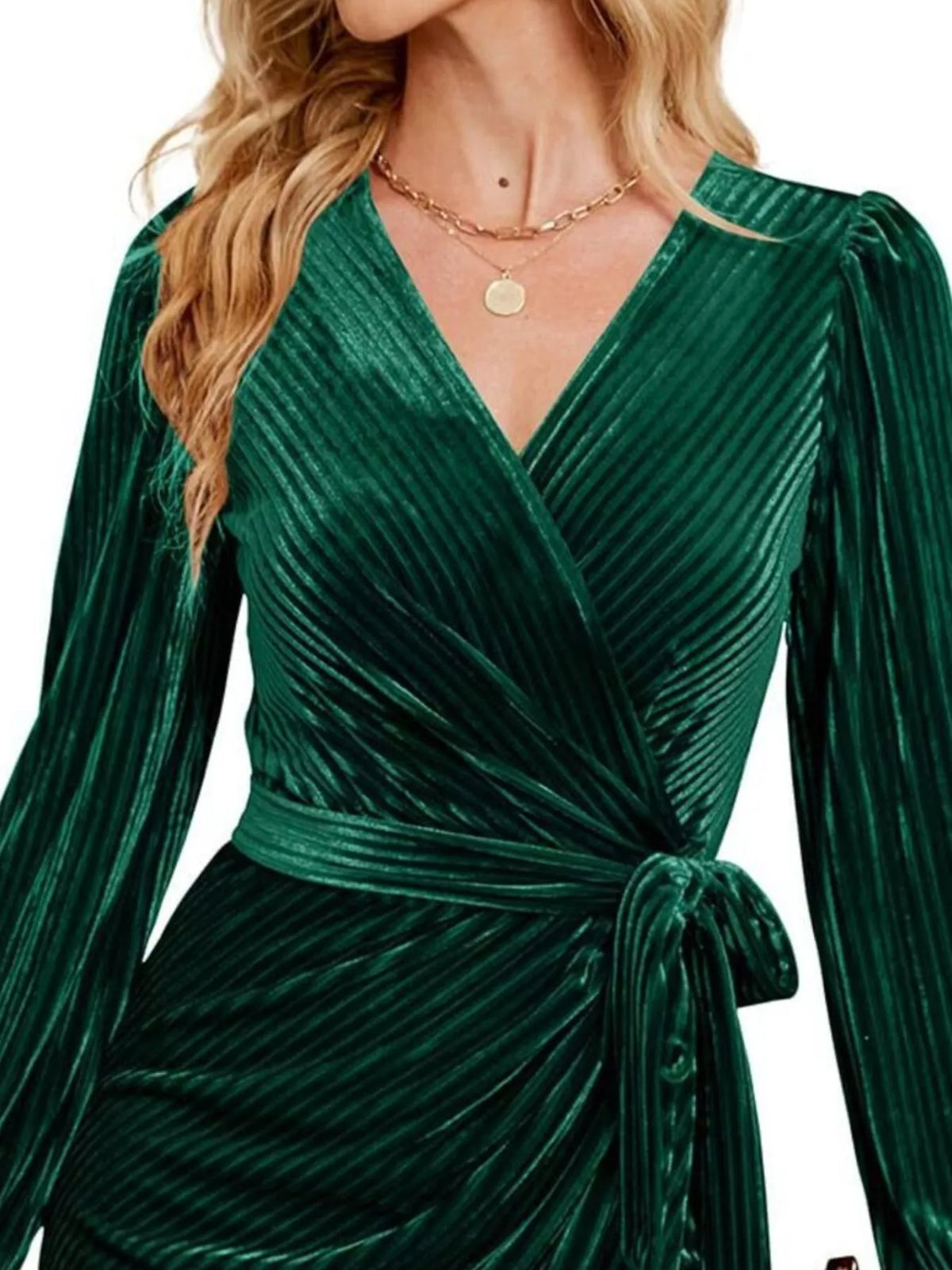 Simply Love surplice long sleeve tie waist dress, stylish and elegant for casual or formal wear, shown in black fabric.