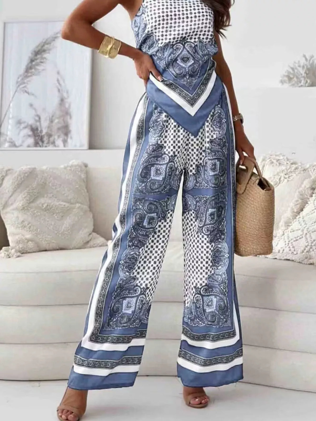 Printed cami and wide-leg pants loungewear set by Plush Fashion Hub, featuring a stylish camisole top and flowing wide-leg pants.