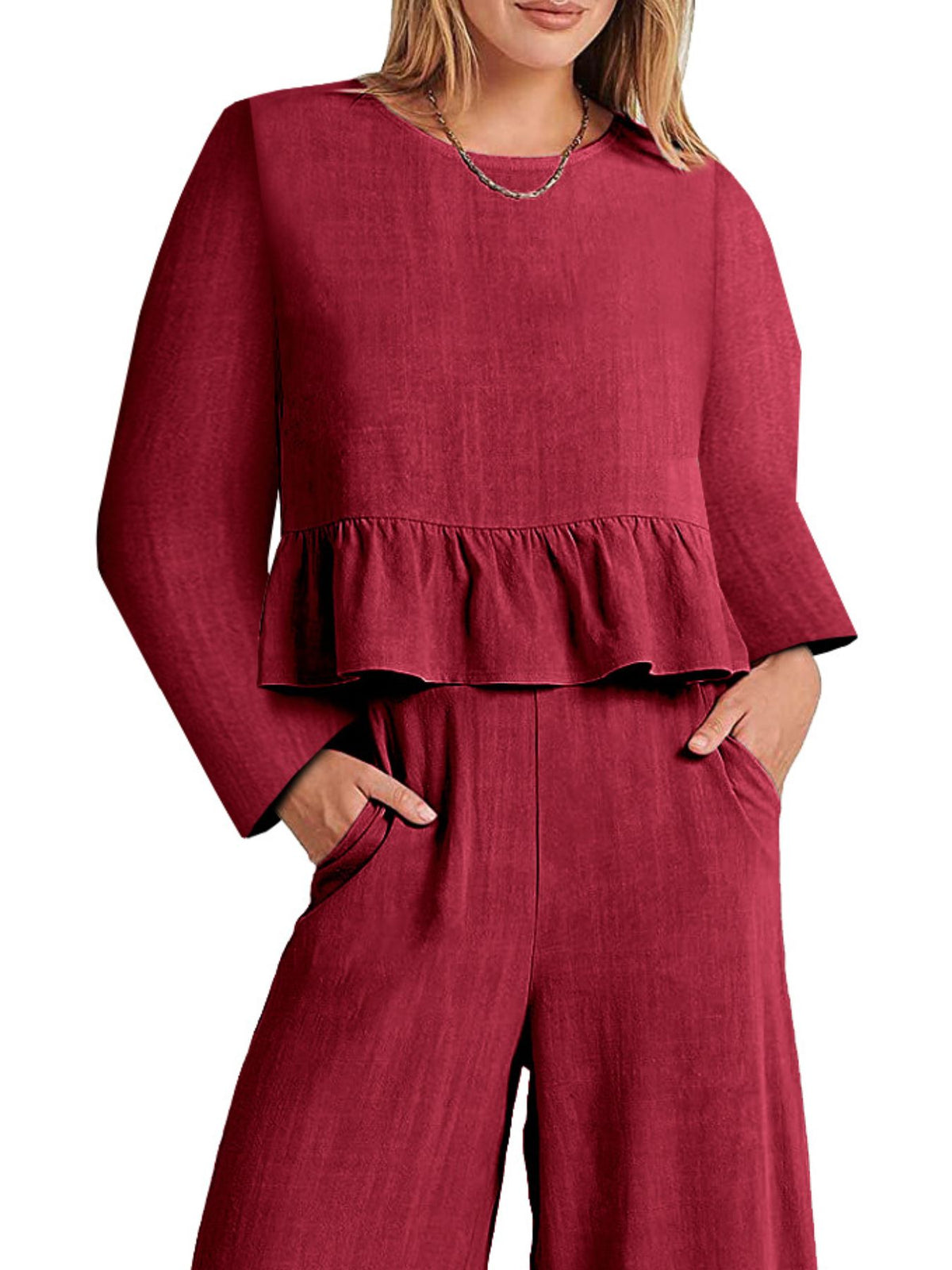 Plush Fashion Hub women's long sleeve ruffled hem top and pants lounge set with pockets, casual and comfortable 2-piece outfit.